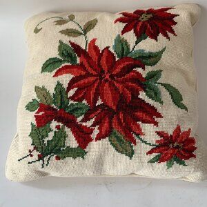 Vintage Wool Needlepoint Christmas Pillow Poinsettia Red Velvet Red   15” X 15”